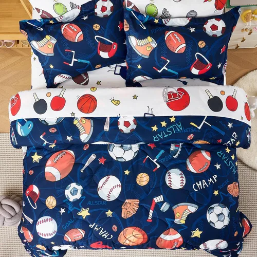 Miniatura 5 de Juego de edredón deportivo de 7 piezas para niños, suave y esponjoso, juego de ropa de cama de béisbol, tamaño individual con diseño de fútbol 3D