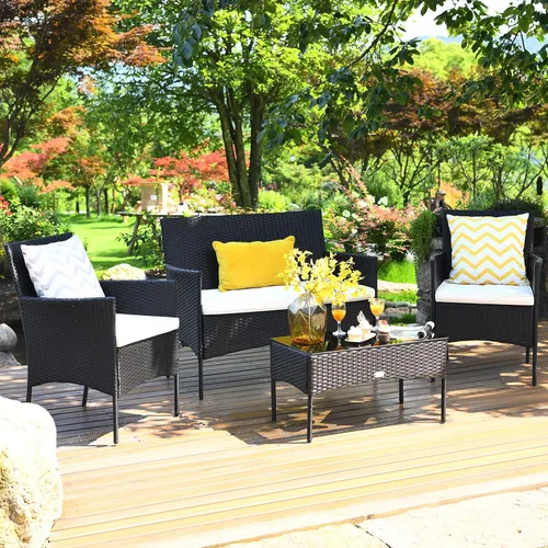 Juego de muebles de patio de 4 piezas, juego de conversación al aire libre con respaldo ergonómico curvo, juego de sillas de patio con cojín