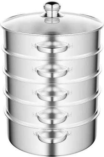 Miniatura 10 de Vaporizador de acero inoxidable de 5 niveles con sartén apilable y tapa (plata, 10.2 in)