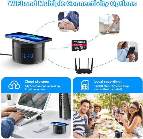 Miniatura 5 de Cámara interior con reloj y carga inalámbrica, cámaras WiFi de 1080P para el hogar, cámara de seguridad con detección de movimiento, visión