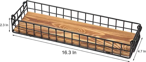 Miniatura 5 de Bandeja de madera marrón rústica con marco de alambre de metal industrial, asas de malla, caja de exhibición rectangular de madera, mesa de cocina