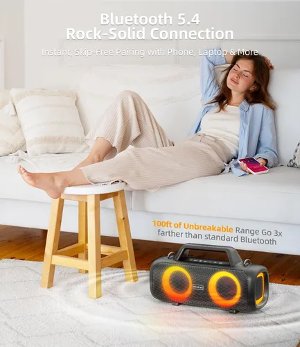 Miniatura 8 de Altavoz Bluetooth portátil inalámbrico, sonido fuerte de 140 W de pico con 2 subwoofers y refuerzo de graves, altavoz impermeable para exteriores