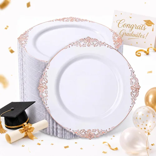Miniatura 13 de Morejoy 100 platos de plástico, desechables, platos de postre de oro blanco y rosa de 7.5 pulgadas para bodas, fiestas y duchas rosa y oro