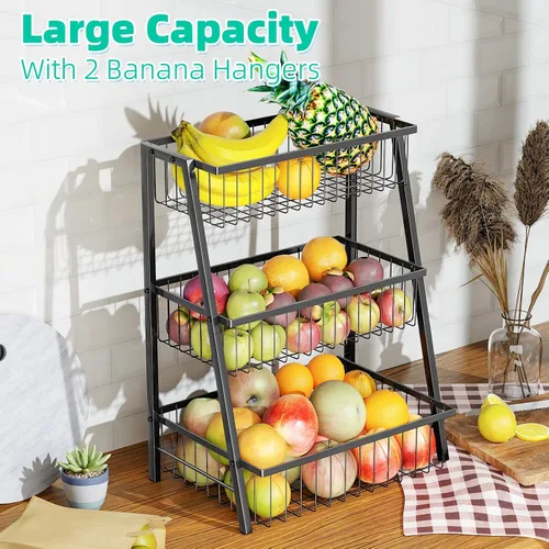Miniatura 4 de Simple Trending canasta de frutas de 3 niveles trapezoidal con 4 ganchos para plátanos, organizador de cocina extra grande de alambre de metal