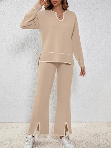 Miniatura 2 de SuperPrity Conjunto de 2 piezas de suéter para mujer, con cuello de muesca, manga larga, suéter de punto y pierna ancha