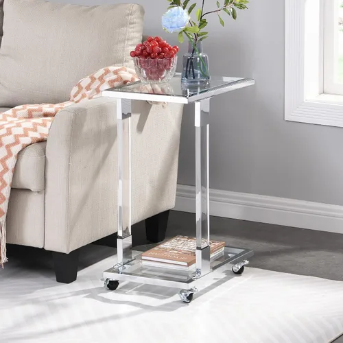 Miniatura 7 de Mesa auxiliar móvil de vidrio transparente con marco acrílico, moderna mesa auxiliar de sofá en forma de C con ruedas, mesa de aperitivos