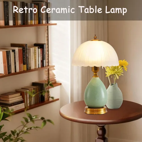 Miniatura 6 de Lámpara de mesa de cerámica vintage para sala de estar, lámpara verde moderna de 16 pulgadas para dormitorio, lámpara de mesita de noche retro