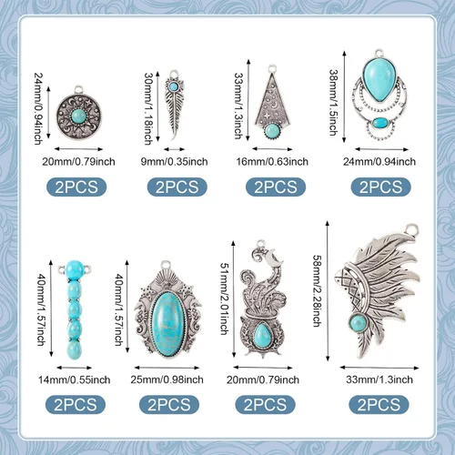 Miniatura 2 de 16 dijes occidentales de 8 estilos para hacer joyas, dijes vintage de turquesa de plata antigua, estilo tibetano, para mujeres y hombres, aretes
