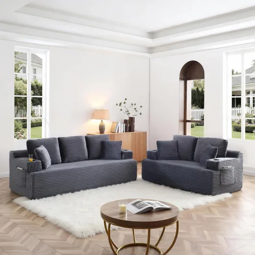 Miniatura 42 de Sofá sin hueso de 66.5 pulgadas con portavasos y bolsillos laterales, sofá biplaza tapizado de tela de pana moderna con 2 almohadas para sala
