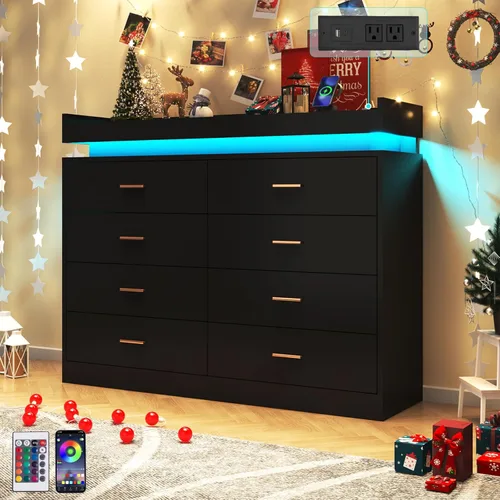 Miniatura 4 de Hlivelood Cómoda de 8 cajones con luz LED y estación de carga, cómoda moderna para armario, armario organizador de cajones anchos para dormitorio