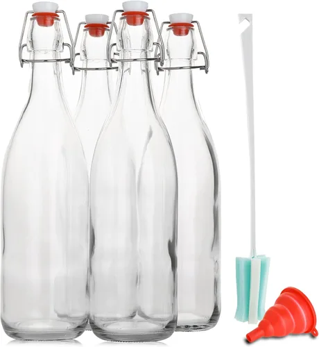 Miniatura 2 de AYL Botella de vidrio abatible [1 litro / 33 onzas líquidas] [Paquete de 4] – Botella de cerveza oscilante con tapón para bebidas, aceite, vinagre