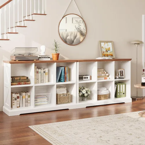 Miniatura 5 de IRONCK Organizador de almacenamiento de 6 cubos, estante de madera con almacenamiento, estantería de granja para dormitorio, sala de estar y oficina