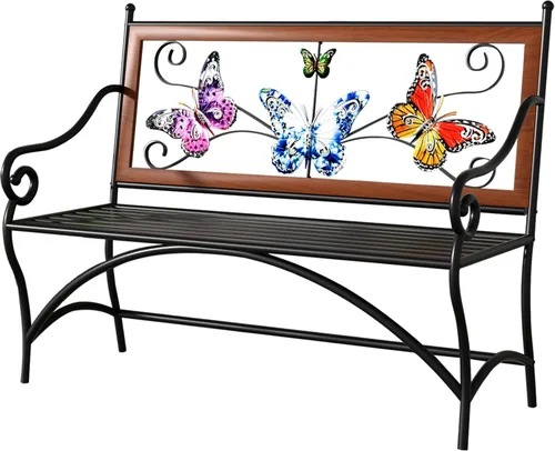 Banco para exteriores de 39.7 pulgadas, banco de jardín, banco de patio con reposabrazos, asiento de listones y respaldo con patrón de mariposa para