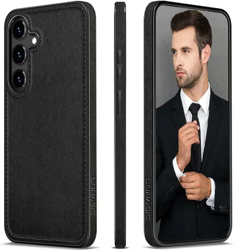 LOHASIC Fundas de cuero para Samsung Galaxy S25, funda elegante de poliuretano de alta calidad para hombres y mujeres, suave antideslizante, Negro