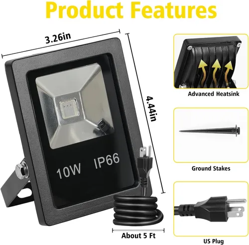 Miniatura 7 de T-SUN Luz de inundación LED, luces de seguridad impermeables RGB de 10 W, con enchufe de EE. UU., control remoto súper brillante, foco