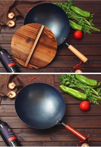 Miniatura 3 de SERENITA Woks chinos de hierro martillado 100% a mano, antiadherentes, sin revestimiento, menos aceite, mango de madera sazonado negro