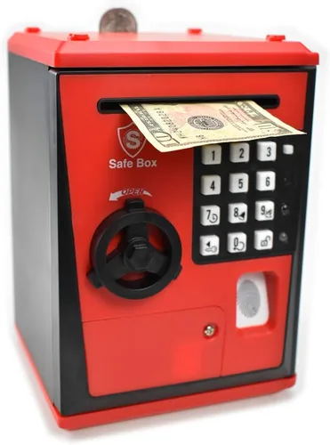 Miniatura 3 de LIKE Caja de Seguridad Hucha Juguetes para Niños con Huella Dactilar, Banco de Ahorros con Cajero Automático, Máquina de Monedas para Niños (Rojo)