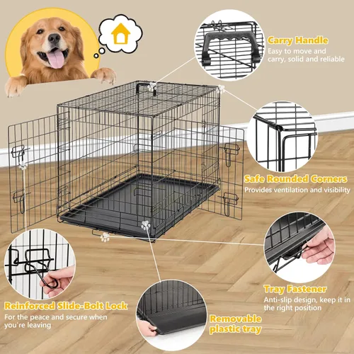 Miniatura 2 de Jaula para perros – Jaula portátil mediana de 36 pulgadas de doble puerta, jaula de alambre de metal para mascotas con bloqueo seguro, bandeja a