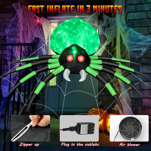 Miniatura 3 de Araña inflable de Halloween de 12 pies, decoración al aire libre, araña gigante con luces de llama y ojos rojos brillantes, accesorios de araña