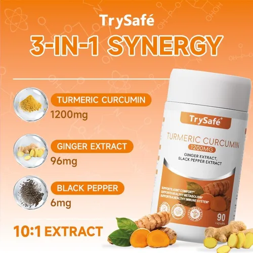 Miniatura 4 de Suplemento de curcumina de cúrcuma 3 en 1 de 1200 mg con 90 mg de jengibre y 6 mg de extracto de pimienta negra, mezcla patentada de complejo