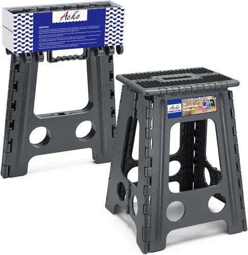 Miniatura 44 de ACKO Taburete plegable plegable de 16 pulgadas, 400 libras de capacidad, taburetes de plástico para adultos y niños, taburetes plegables para Blanco