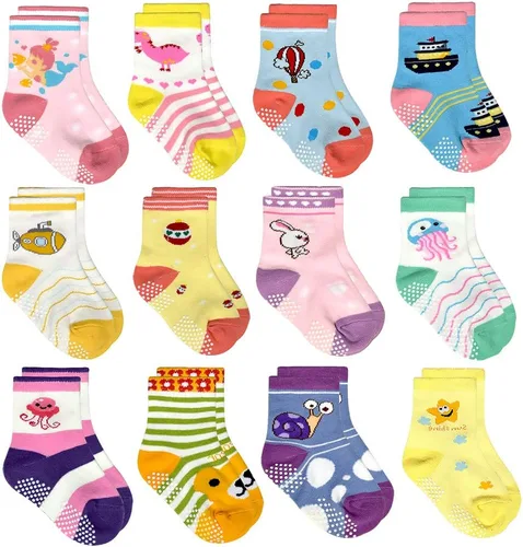 Miniatura 34 de Tphon Calcetines para niños pequeños con empuñaduras, 12 pares de calcetines antideslizantes de algodón para niños y niñas de 1 a 7 años