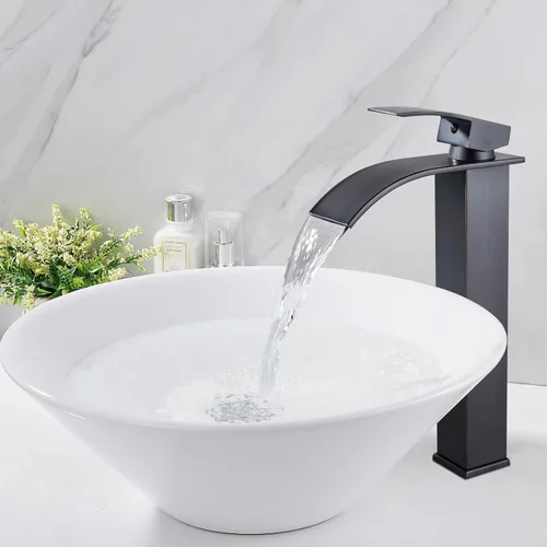 Miniatura 3 de Midanya Grifos altos para lavabo, cascada, lavabo, lavabo, con una sola manija, 1 agujero, moderno, con mangueras de drenaje emergentes y Bronce