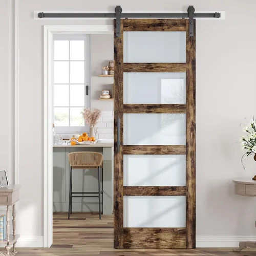 Miniatura 10 de Losa para puerta corrediza de granero de vidrio de 28 x 84 pulgadas y kit de herrajes de 5 pies incluido, 5 vidrios esmerilados, panel de madera LVL