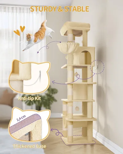 Miniatura 8 de Hzuaneri Árbol para gatos de interior, torre grande de 69.9 pulgadas para gatos, casa de varios niveles con condominio, 8 postes rascadores, hamaca