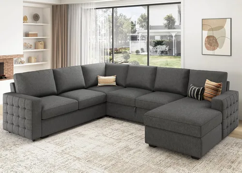 HONBAY Sofá Seccional Sleeper con Cama Extraíble Sofá Seccional en Forma de U Cama Sleeper con Chaise de Almacenamiento Sofá Seccional Sleeper de 6