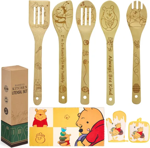 Regalos de cumpleaños para mujeres, lindo juego de utensilios de cocina de abeja de oso con cucharas de cocina de madera, bambú, guante de horno,