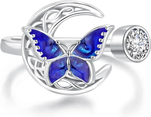 Twoowl Anillo de mariposa de plata de ley 925 con luna celta irlandesa, regalos de joyería celta para mujeres y niñas, Plata de ley, Sin piedras