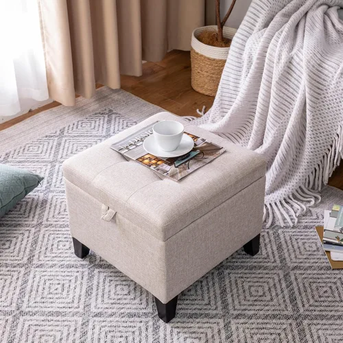 Miniatura 25 de Adeco Otomán Cubo de Piel Sintética Blanca de 18 Pulgadas de Alto con Almacenamiento, Taburetes Reposapiés de Silla de Terciopelo en Relieve 3D