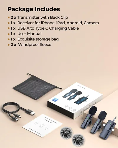 Miniatura 9 de BAILIXIN Micrófono 3 en 1 para iPhone, Android, cámara, micrófonos inalámbricos, mini micrófono, micrófono de solapa con reducción de ruido, sonido