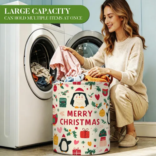 Miniatura 3 de Cesta de lavandería de 15.75 x 15.75 x 19.7 pulgadas, diseño de pingüino de Navidad, plegable, con asas, almacenamiento de ropa sucia