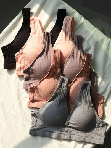 Miniatura 3 de OYOANGLE Sujetador de maternidad para mujer, 5 piezas, con botones frontales, cómodo, sin varillas, para lactancia materna