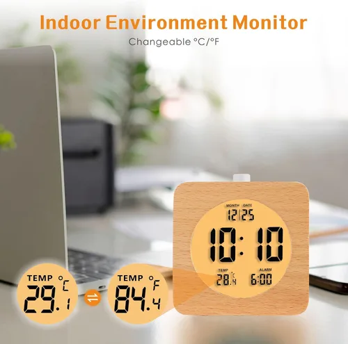 Miniatura 6 de Plumeet Reloj Despertador Digital de Madera para Dormitorios, Reloj Despertador de Madera de 4'' a Batería con Repetición y Luz Nocturna, Reloj