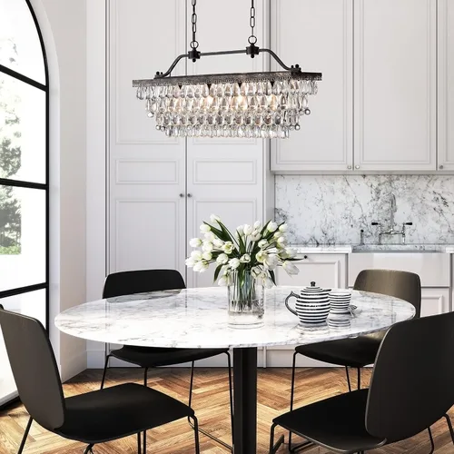 Miniatura 4 de Edvivi Candelabro de cristal lineal rectangular de lujo, 4 luces glamorosas con acabado de bronce antiguo, lámpara de techo ajustable, comedor, isla