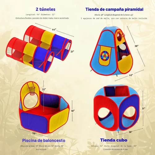 Miniatura 2 de Playz 5 piezas de tiendas de campaña infantiles y túneles - Piscina de pelotas para niños pequeños, canasta de baloncesto, tubos para gatear, casas