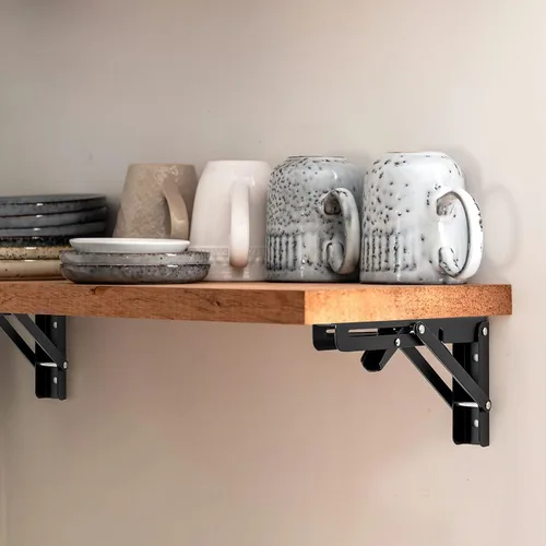 Miniatura 6 de Ravinte - Paquete de 2 soportes plegables de 20 pulgadas para estantes - Negro mate, soportes plegables resistentes para mesas y bancos - Diseño que