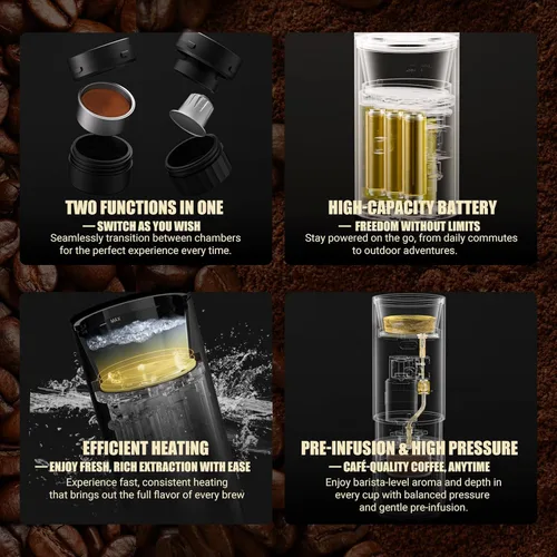 Miniatura 6 de Nuttii E-Coffee - Máquina de café espresso portátil, cafetera de viaje autocalentable de 20 bares, control de presión preciso para extracción