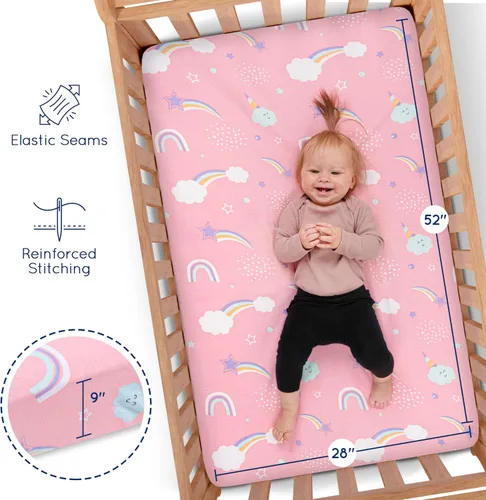 Miniatura 3 de GROW WILD Sábanas bajeras ajustables para cuna de unicornio y arcoíris para niña (paquete de 3), sábana bajera de algodón de jersey suave, colchón