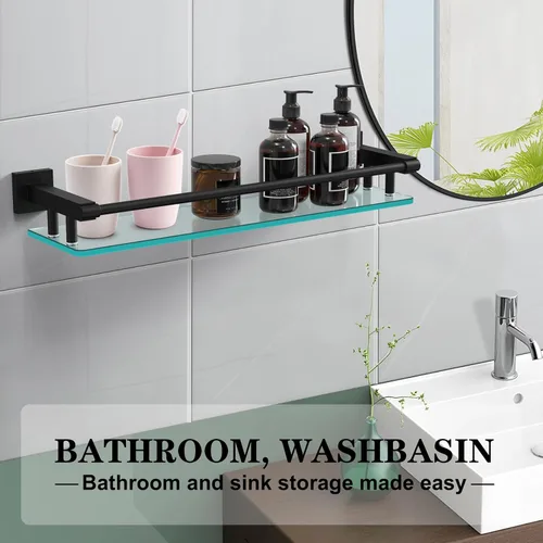 Miniatura 4 de Estante de vidrio para baño de 20 pulgadas, estantes rectangulares de vidrio templado de acero inoxidable moderno para montaje en pared, estante