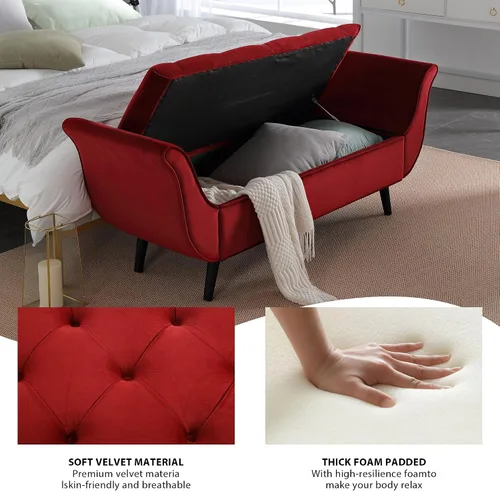 Miniatura 5 de Banco de Almacenamiento de Terciopelo para Dormitorio, Rojo, Banco Otomán de Almacenamiento Tapizado con Botones Capitoné Reposapiés Brazo Enrollado