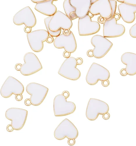 Paquete de 80 dijes de esmalte blanco con forma de corazón con anillo lateral, dijes chapados en oro de estilo Hawaii para collares, pulseras,