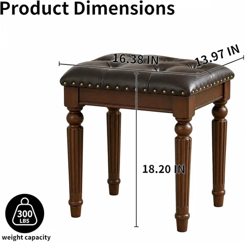 Miniatura 2 de Taburete de tocador blanco con asiento de cuero copetudo y patas de madera maciza talladas, banco de tocador de fácil montaje, taburete