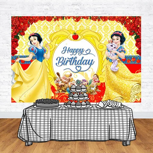 Miniatura 2 de Telón de fondo amarillo para suministros de fiesta de cumpleaños, fondos de fotos blanco nieve, fondo de fotos de princesa, blanco nieve, tema