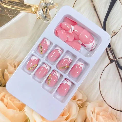 Miniatura 6 de LPOODDNU Uñas postizas cortas de punta francesa a presión, uñas postizas cuadradas, uñas acrílicas rosas con diamantes de imitación, puntas de uñas
