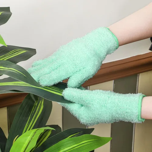 Miniatura 2 de Patelai 3 pares de guantes de limpieza de polvo de microfibra para plantas, guantes de limpieza de hojas para plantas de interior, persianas, Verde