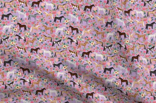 Spoonflower Tela – Caballo Multi Floral Caballos Púrpura Granja Animal Cowboy Pet Retrato Impreso en Tela Gasa Cuarto Grasa – Coser Moda Vestidos